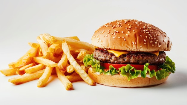 Burger e batatas fritas em fundo branco isolado