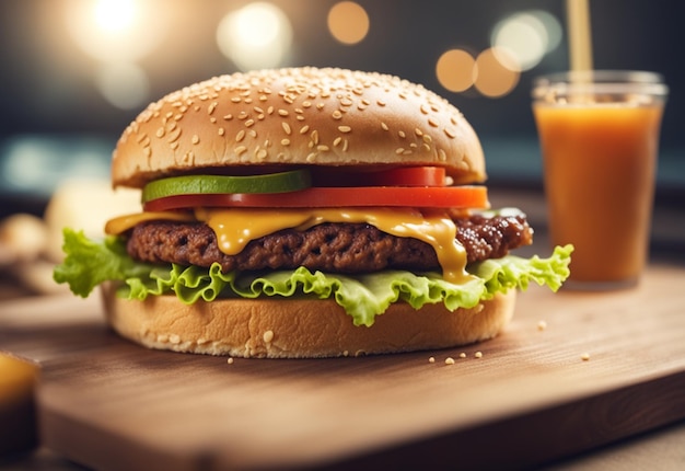 Burger e batatas fritas no espaço de fundo do café fot texto IA generativa