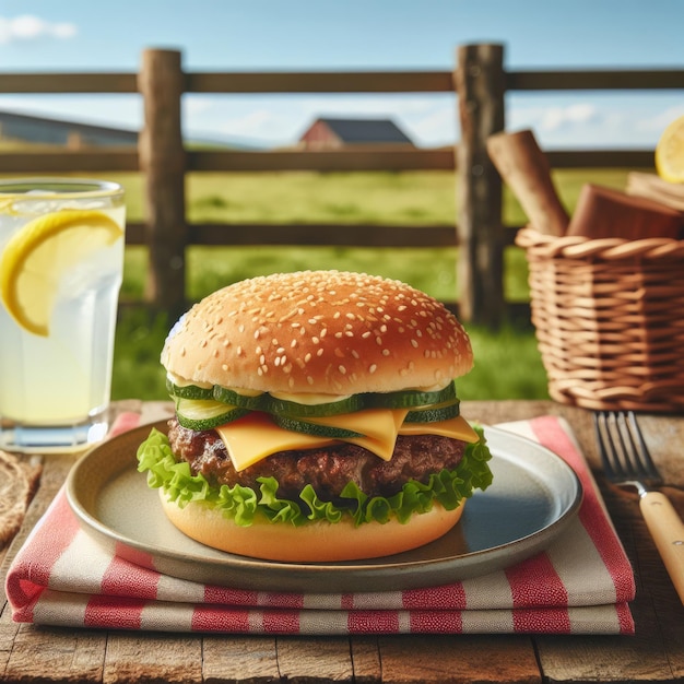 Burger em um prato com limonada e fundo de campo de fazenda 1