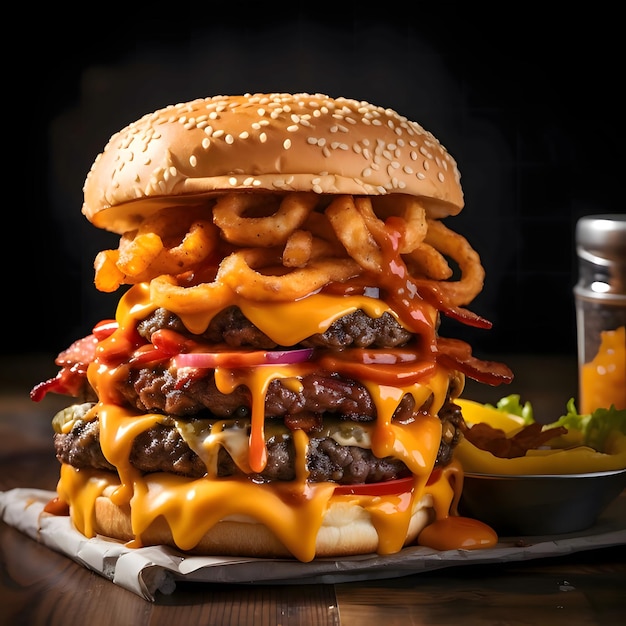 Burger enorme empilhado cheeseburger hambúrguer de frango com alface queijo bacon picle molho de tomate cebola batatas fritas foto em close-up fundo escuro