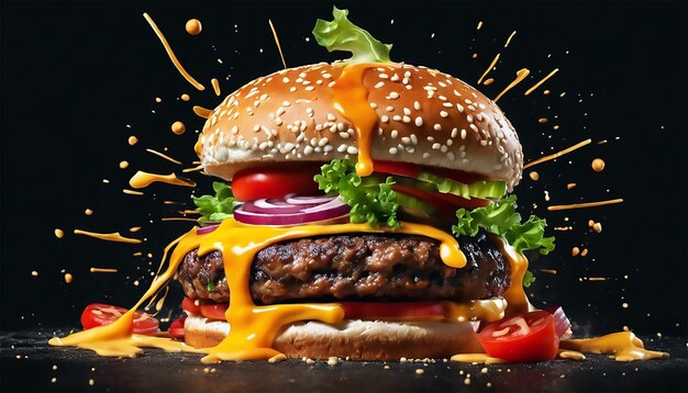 Burger explodindo com vegetais e queijo derretido em fundo preto imagem de burger explodindo