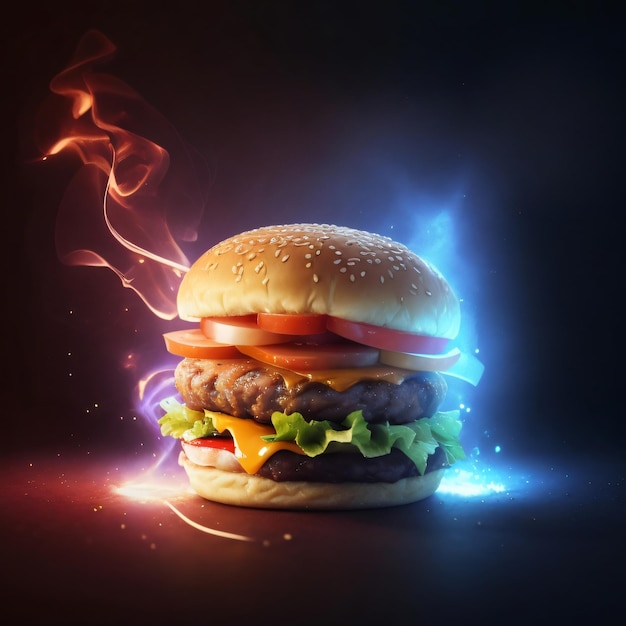 Burger-Foto. Schwarzer Hintergrund mit Glüheffekt