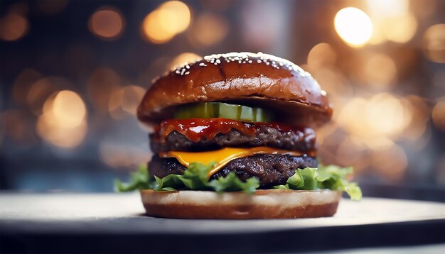 Burger fresco e saboroso com paisagem Imageburger com paisagem de fundo