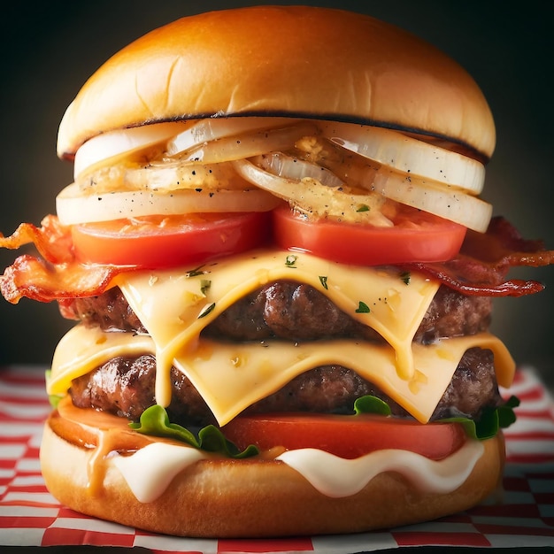 Burger gourmet com queijo suíço, cebolas caramelizadas e bacon.