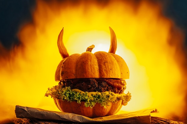 Burger Halloween concepto de halloween de una hamburguesa con grandes empanadas de carne con rollos de cabeza de calabaza para la fiesta de halloween