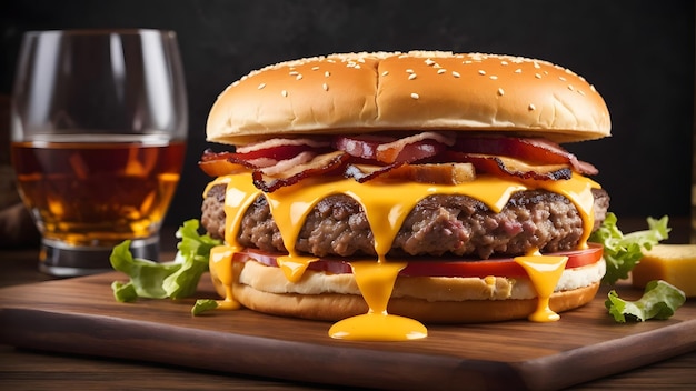Burger hambúrguer delicioso queijo carne de vaca tomate bacon refrigerantes bebidas alface pão jantar