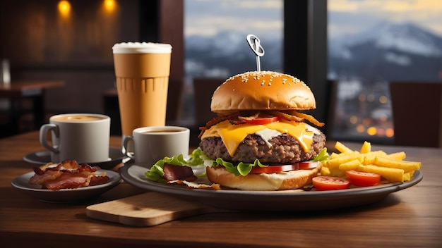 Burger hambúrguer delicioso queijo carne de vaca tomate bacon refrigerantes bebidas alface pão jantar