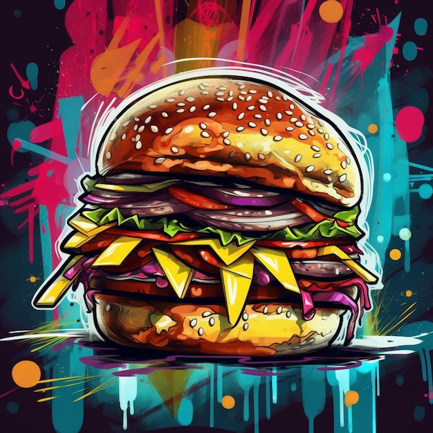 Burger-Illustration im Streetart-Stil voller lebendiger Farben
