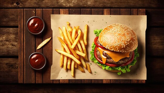 Burger-Joint-Takeout-Menü mit Ketchup-Frites und Burgern, von oben auf einem Holztisch gesehen