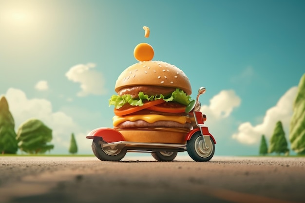 Burger-Lieferung Schnelles Hamburger-Auto Cheeseburger als Fast-Food-Auto Hamburger fährt auf der Straße