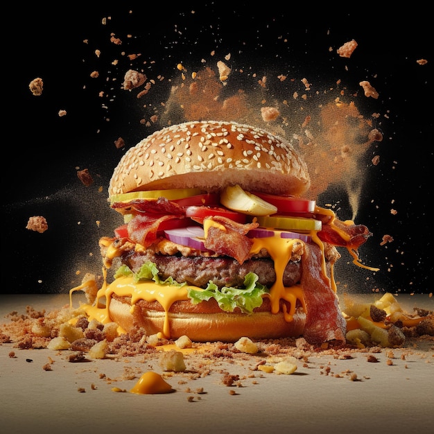 Burger mit fliegenden Zutaten auf schwarzem Hintergrund