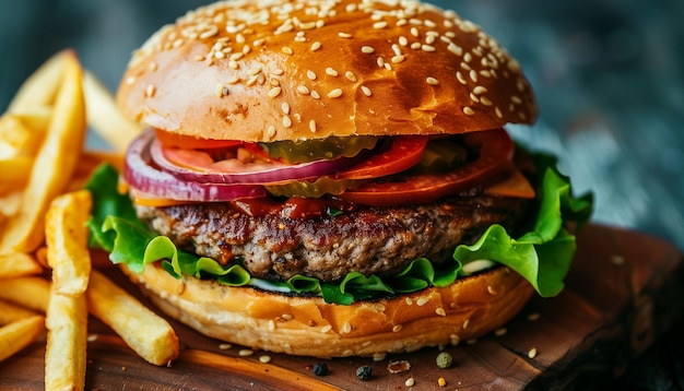 Burger mit Gemüse und Pommes Frites