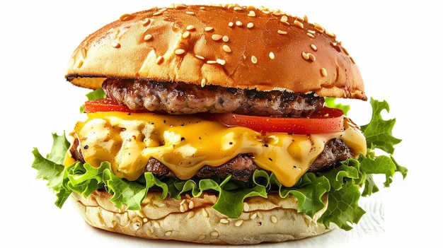 Burger mit geschmolzenem Käse auf weißem Hintergrund