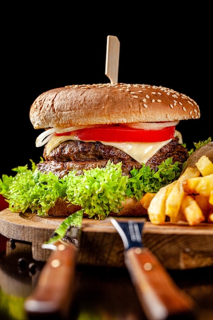 Burger mit Hühnchen, Käse, Tomaten, Salat und Pommes