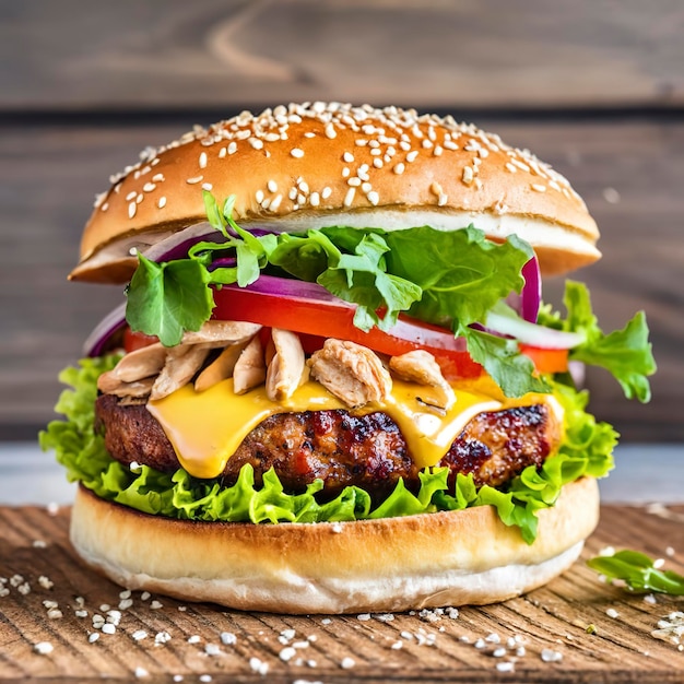 Burger mit Hühnchen und Gemüseburger mit Hühnchen auf gelbem Hintergrund