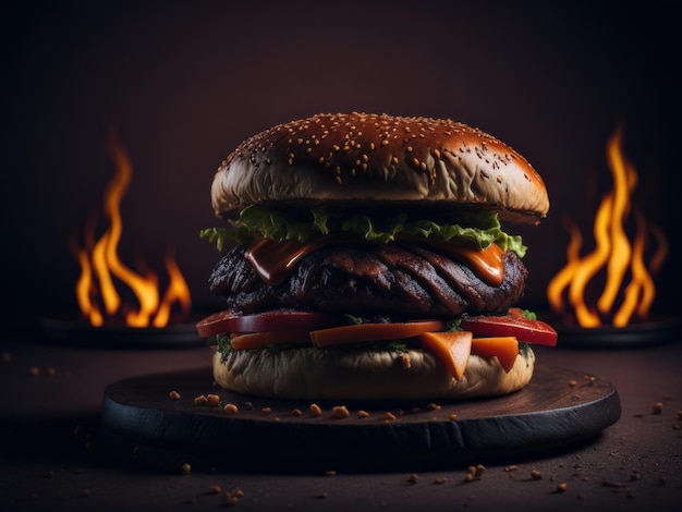 Burger mit Käse und Rindfleisch auf dem Tisch auf dunklem Hintergrund Fast-Food-Konzept generative KI