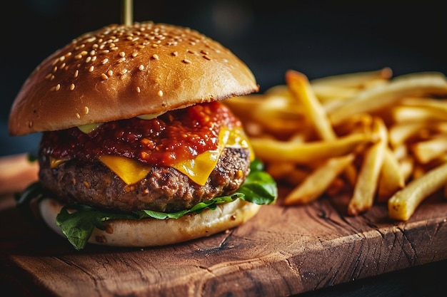 Foto burger mit pommes frites auf schwarzem hintergrund