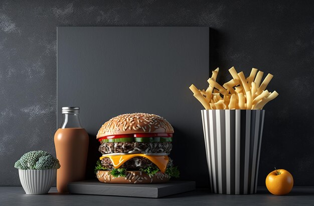 Burger mit Pommes Frites vor einer grauen Wand