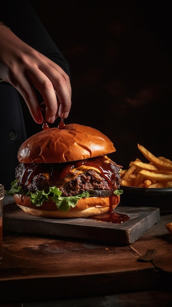 Burger mit Rindfleisch und Käse auf Holz und isoliertem schwarzem Hintergrund Generative AI