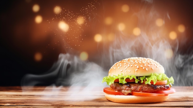 Burger mit sanftem Rauch und Kopierraum auf der linken Seite. Generative KI