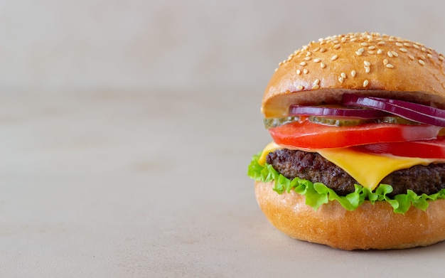 Burger mit Schnitzel, Tomate, Salat, Gurke, Zwiebel und Käse. Amerikanische Küche. Fast Food. Cheeseburger.