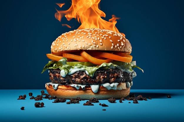 Burger mit schwarzem Brot auf blauem Hintergrund