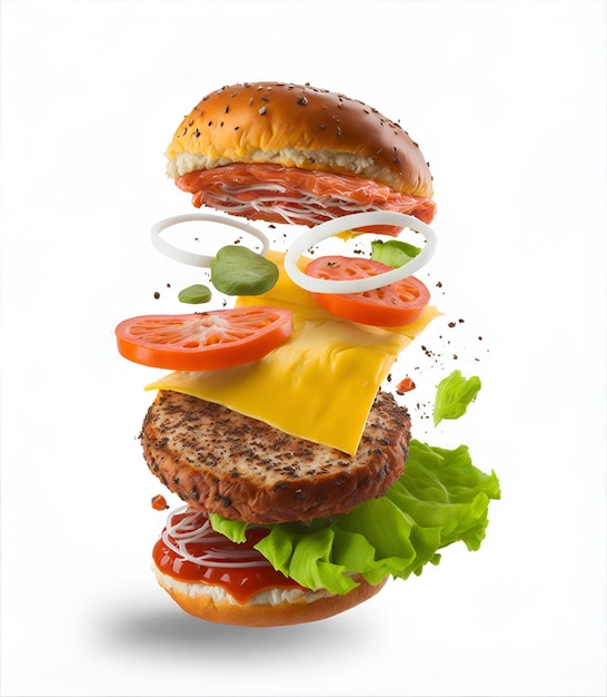 Burger mit schwimmenden Zutaten getrennt auf weißem Hintergrund