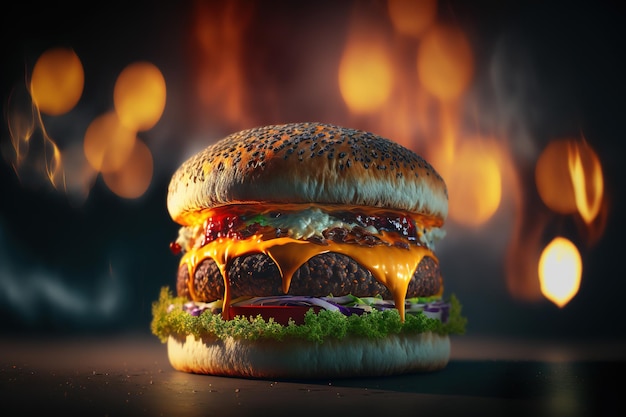 Burger-Nahaufnahme undeutlicher Bokeh-Hintergrund