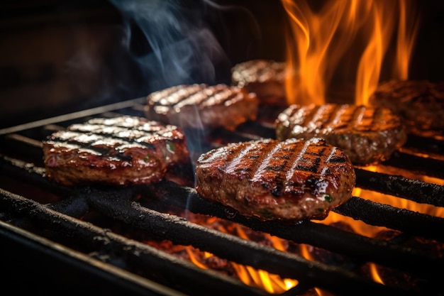 Burger-Patties kochen auf einem heißen Grill mit Grillmarken