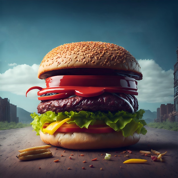 Burger poderoso en la mesa con edificios en el fondo