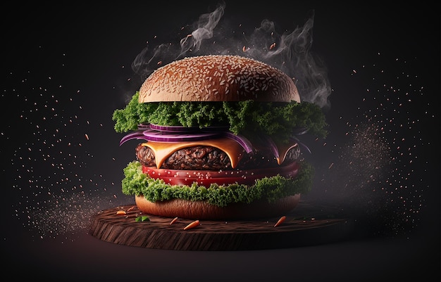 Burger Produkt Studio Foto dunkelschwarzer Hintergrund frischer Tomaten- und Zwiebelsalat Generative KI-Illustration