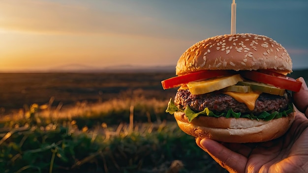 Burger segurado na mão com uma mordida tirada para mostrar sua suculência no pôr-do-sol