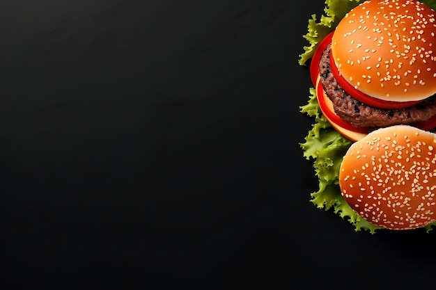 Foto burger top view auf flat lay hintergrund und copyspace