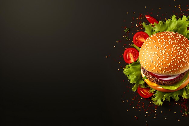 Foto burger top view auf flat lay hintergrund und copyspace