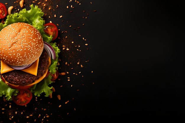 Foto burger top view em flat lay background e copyspace