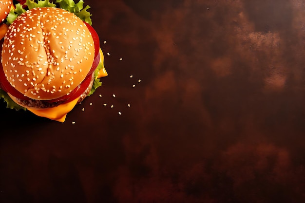 Burger top view em flat lay background e copyspace