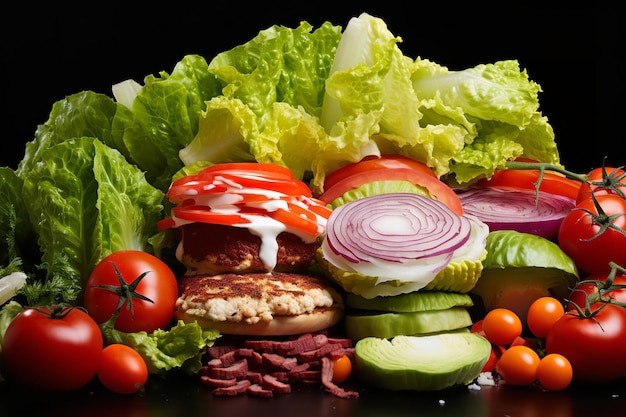 Burger-Toppings in Hülle und Fülle, Salat, Tomaten und Zwiebeln