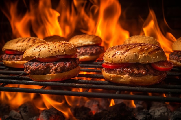 Foto burgers auf dem heißen flammenden grill