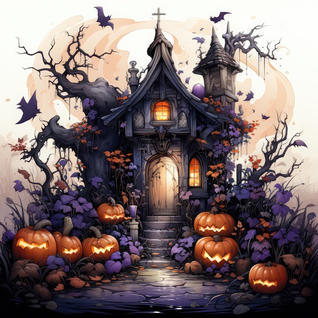 Burglandschaft Vampirhaus Halloween Illustration Kunstwerk isolierte Tätowierung gruselige Fantasie Cartoon