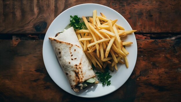 Buritto con pollo y papas fritas en la mesa