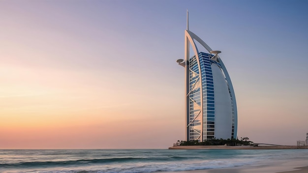 Foto burj al arab construído em uma ilha artificial na praia de jumeirah