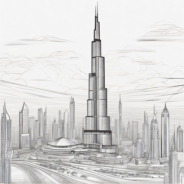 Burj Khalifa Lineart e Dubai Downtown no anoitecer Emirados Árabes Unidos