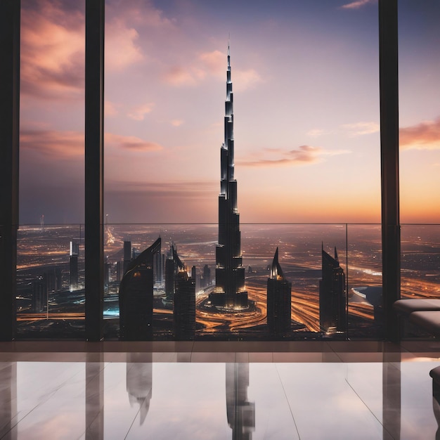 Burj Khalifa und Dubai Downtown bei Dusk Vereinigte Arabische Emirate