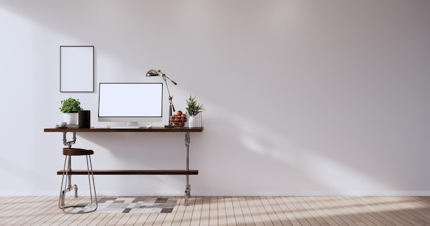 Burlarse de la pantalla de la computadora en blanco del escritorio de la mesa de oficina en la representación 3d de la habitación moderna de la oficina