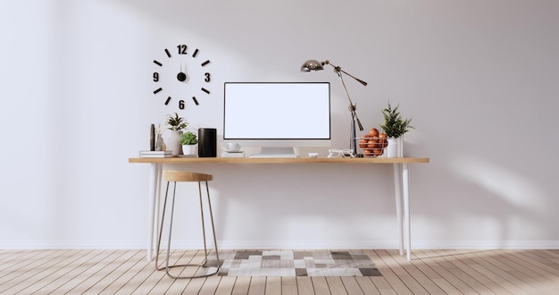 Burlarse de la pantalla de la computadora en blanco del escritorio de la mesa de oficina en la representación 3d de la habitación moderna de la oficina