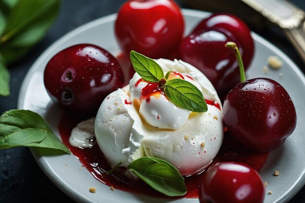 Burrata com cerejas frescas