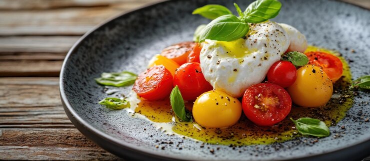 Burrata y ensalada de tomates de cereza