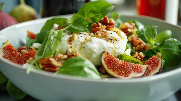 Burrata gourmet y ensalada de higos adornada con nueces y verduras