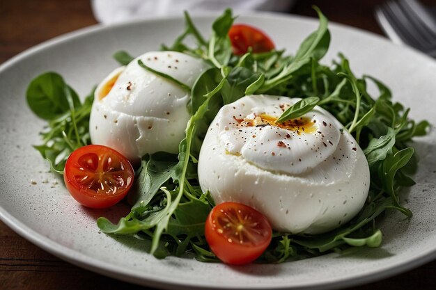 Foto burrata en un lecho de rúcula