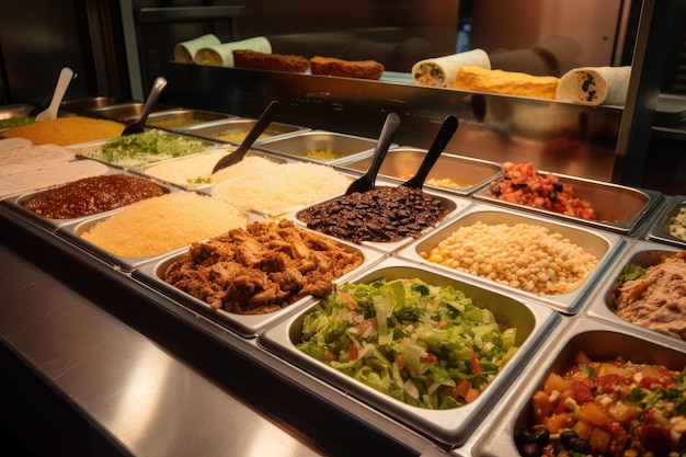 Burrito bar con variedad de burritos y tacos para elegir creado con ai generativa